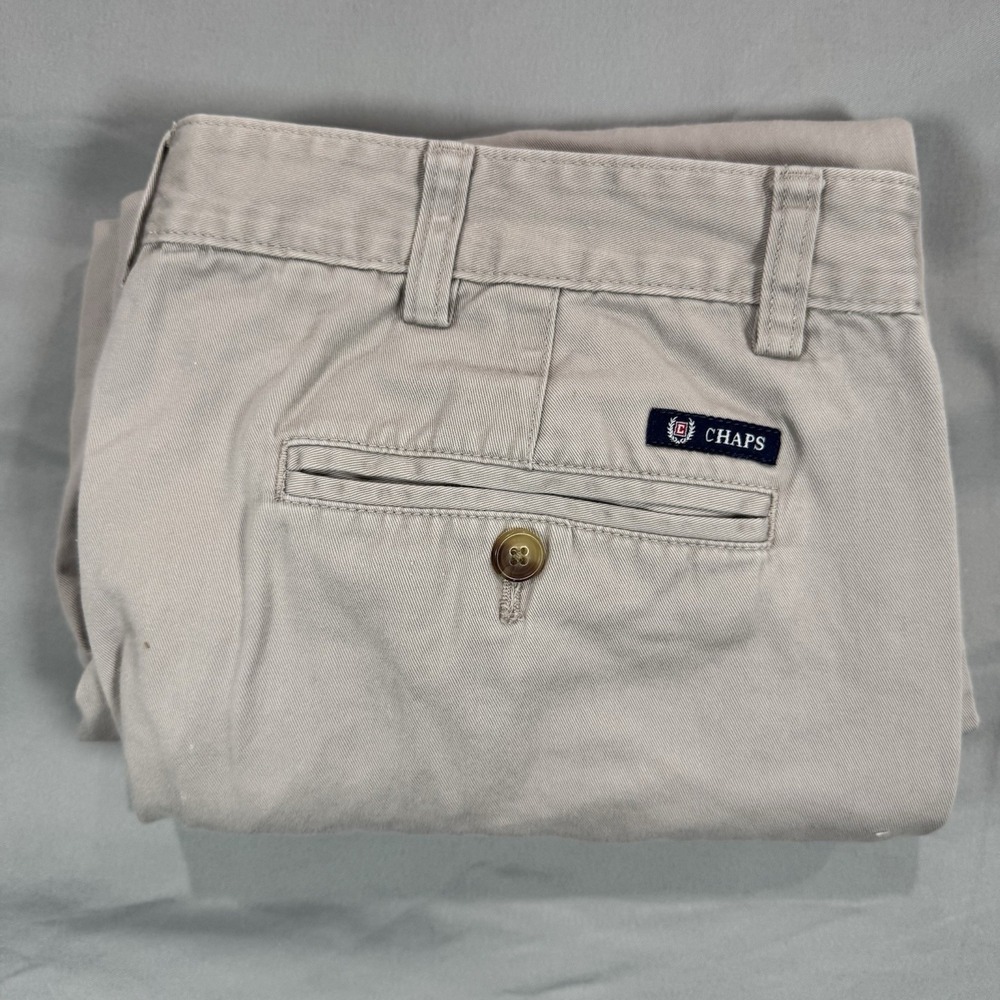 Chaps Khaki Casual Pants Mens 38x30 Beige Solid‎ Flat Front Business Preppy